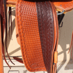 Monroe Wade - 16 in, mule hide, floral, dark straight-back, dark tooled stirrup lthrs out, full bskt wv, Diamond w sswirl border, $2775