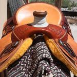 Roper - 15.5 seat, mule hide, cheyenne roll, 2-tone, floral conchos, corner basket wv, barbed wire w Santa fe diamond border, $2,400 (1)