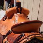 Lady Rancher - latigo, dark straight-back, dark fenders, floral, hoof pick case, breeching rings, corner bskt wv, sswirl w channels (1)